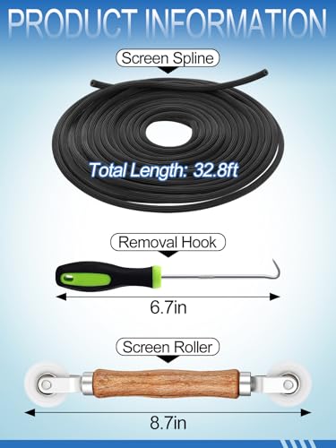MEWTOGO 3-in-1 Screen Repair Kit with 0.14in x 32.8ft Spline, Screen Roller & Hook