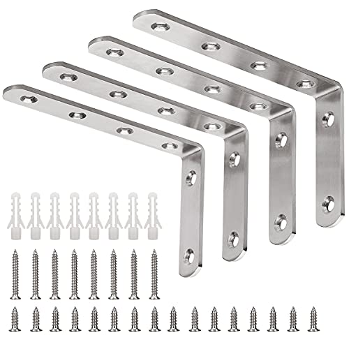 YUMORE Brushed Nickel L Bracket 5x3 Inch Heavy Duty Stainless Steel Shelf Support Pack of 4