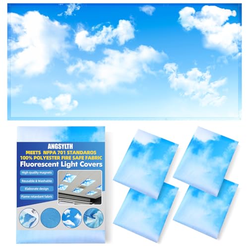 ANGSYLTH Blue Skies & White Clouds Fluorescent Light Covers 4 Pack Flame Retardant