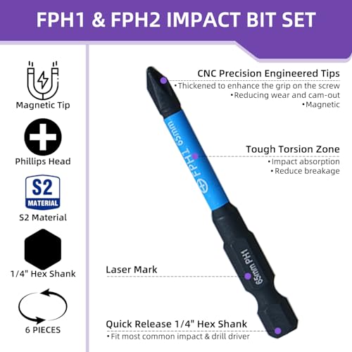 Electrician Impact Screwdriver Bit Set, 1/4¡± Hex-Shank S2 Steel FPH1 & FPH2 Screwdriver Bit Set for Electricians, 6PCS Phillips Cross Slot Head Screw Driver Drill Bits with Magnetism