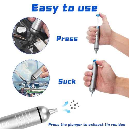 Solder Sucker No Clog Desoldering Pump for Solder Removing with Replaceable Heat Resistan Silicone Sucking Nozzle, Desoldering Tool Sodering Pump Strong Vacuum Aluminum Suction Remover