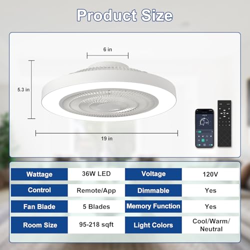 Depuley 19-Inch White Bladeless Ceiling Fan with Light, Remote & App Control