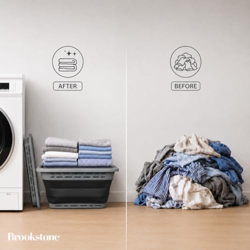 XL 24" Brookstone Collapsible Laundry Hamper with Non-Slip Handles, Grey