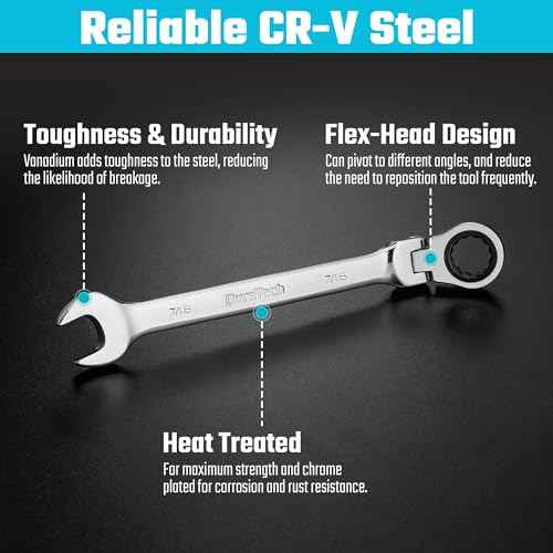 DURATECH 7/16" Flex-Head Ratcheting Combination Wrench, SAE, 72-Tooth, CR-V Steel