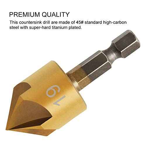 COMOWARE Countersink Drill Bit Set- 7 Pcs Counter Sinker Drill Bits for Wood, Quick Change, 1/4'' Hex Shank, High Speed Steel, 5 Flute 90 Degree Center Punch Tool, 1/4''-3/4''