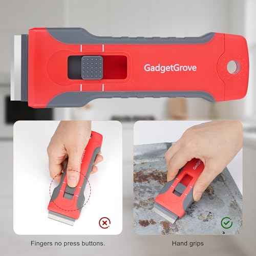 Razor Blade Scraper with 10pcs Blades and 3Pcs wire brushes,Scraper Tool for Cleaning Glass Window, Cooktop, Oven, Stove Scraper, Scraper with Buit-In Blade Storage, Upgraded Lock Mechanism,Gray