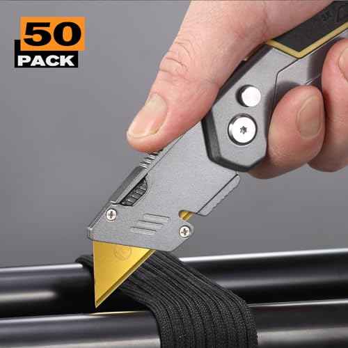 50-Pack Utility Knife Blades, Titanium Fully Plated, Durable SK-2 Razor Blades for Utility Knife Box Cutter, Never Rust, Extra Durable