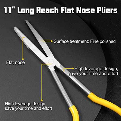 Long Reach Flat Nose Pliers 11-inch Duck Billed Pliers with Serrated Jaws for Automotive Repair Mechanical Work, Long Reach Plier for Hard to Reach Narrow Spaces & Limited Clearance Areas