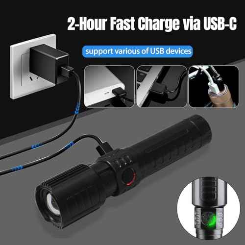 Tactical Flashlights Torch High Lumens Rechargeable, 3 Modes Led Waterproof Zoomable Linternas Handheld Small Flashlight, Adjustable Brightness Flash Light for Hurricane/Home/Emergency (2 Pack)