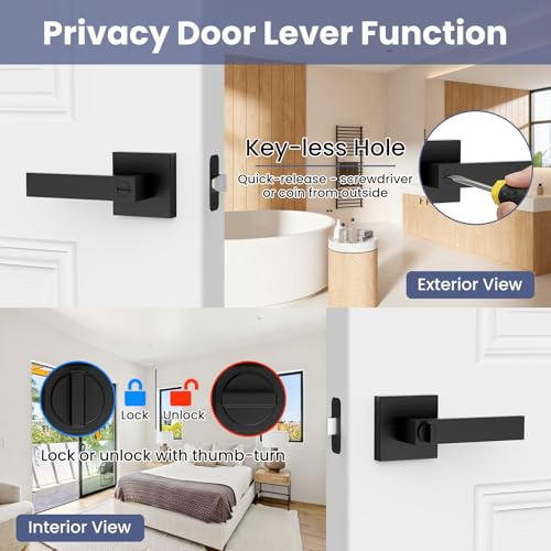 Estmoon 5 Pack Matte Black Interior Door Handles with Privacy Lock - Reversible, Noiseless, Heavy-Duty Zinc Alloy