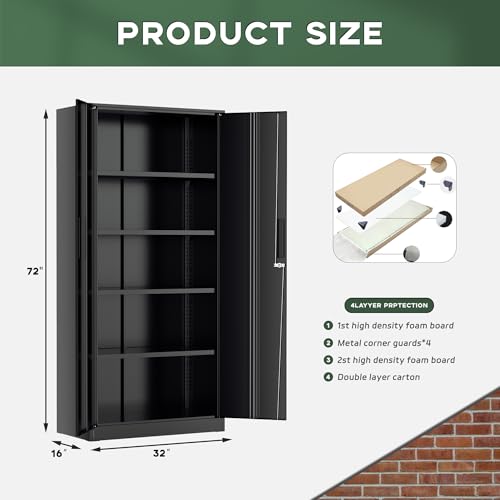 Greenvelly 72 Inch Black Metal Cabinet with 4 Shelves, Locking Doors, Heavy Duty Garage Storage