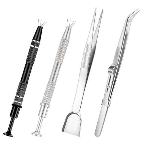4PCS Piercing Ball Grabber Tool, Stainless Steel 4 Claw Pearl Grabber Jeweler Ball Screw Sprinkle Pen Tweezers with Shovel Head Spoon Decoration Tools for Small Parts Pickup(Black Silver)