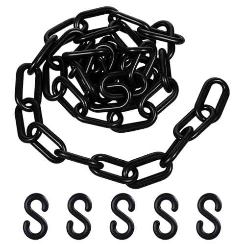 Black Plastic Chain Links, 3 Ft 6mm Plastic Chains with 5 S-Hooks, Linking Chains for Barriers, Crowd Control, Parking, Fences, Gates, Concerts, and Decoration