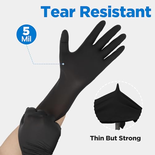 ONLYSTAR Food Grade Black Nitrile Disposable Gloves Large, 100 Pcs - 5 Mil Thick, Textured Grip, Touchscreen Compatible