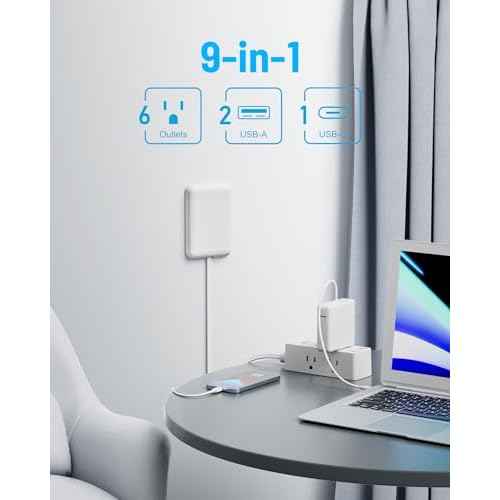 Flat Extension Cord with Outlet Cover, Flat Plug Power Strip with 6 Outlets and 3 USB Ports, 2000 Joules Surge Protector, 5 FT Cord Hidden Outlet Extender for Tight Spaces, White