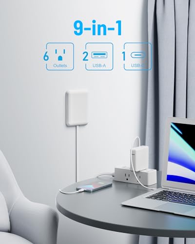 Olcorife 5FT Flat Extension Cord Power Strip with 6 Outlets & 3 USB Ports - Wall Mount, Overload Protection