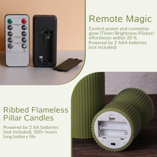 Girimax Olive Green Flameless Pillar Candles with Remote Set of 2