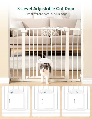 Babelio Adjustable Dog Gate with Cat Door, White, 29-43 inches Wide, 30 inches Tall - No Tools Needed
