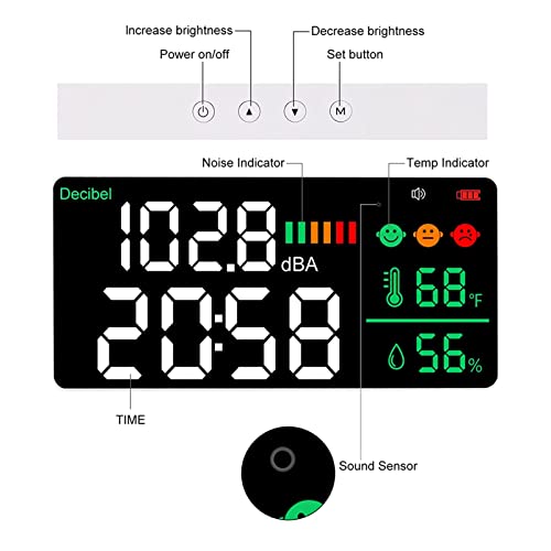 Decibel Meter 4-in-1 with 11in LED Display: Sound Level, Temp, Humidity & Time