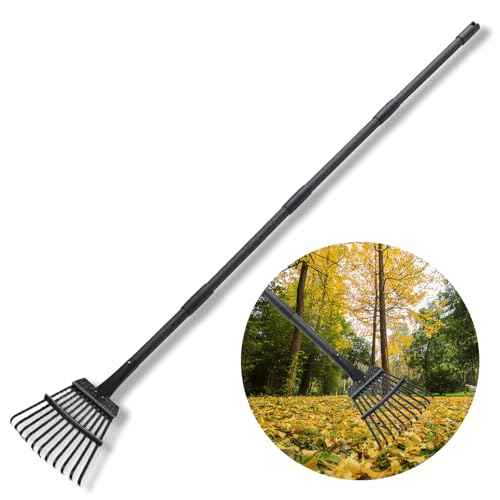Small Rake for Gardening 63 Inch Adjustable Heavy Duty Garden Leaf Rakes Garden Tools 11 Metal Tines Small Garden Rake for Shrub Flower Bed Mulch Camping, Black