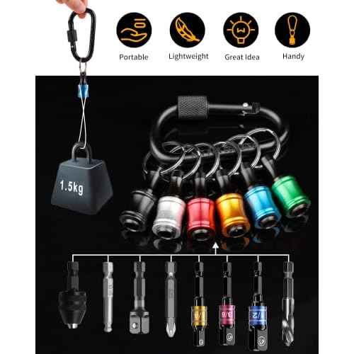 Katerk 1/4 Bit Holder Key Chain Cool Gadgets, Drill Bit Holder for Impact Driver, w/Impact Socket Adapter for Drills, 360¡Æ Rotatable and Hex 1/4" 3/8" 1/2" Drill Socket Adapter for Automotive DIY