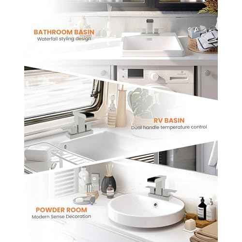 Waterfall Bathroom Faucet for Sink 3 Hole, 4 inch, Brushed Nickel Waterfall Sink Faucets with Pop-up Drain and 2 Supply Hoses, Stainless Steel 2-Handle Centerset Faucet for Sink Vanity, T-6008BN