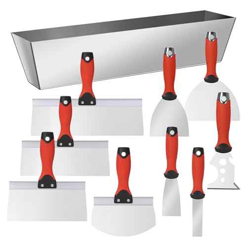 10Pcs Drywall Tool Kit, Stainless Steel Putty Knife Set with 1"-6" Knives, 8"-12" Taping Knives, 9-in-1 Painter Scraper, 12" Mud Pan & 6" Scoop for Drywall Taping, Finishing, and Patching