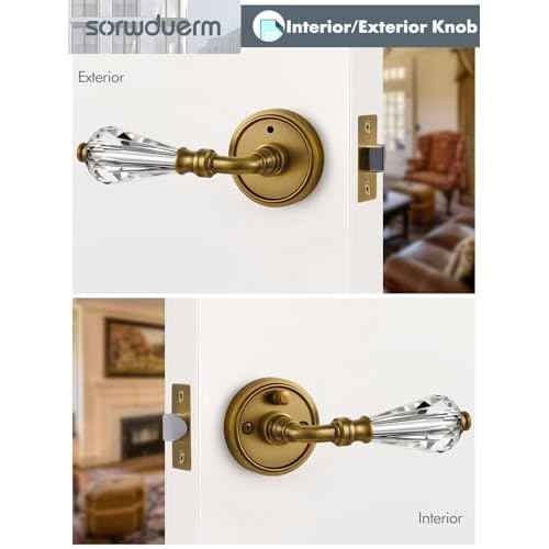 1 Pack Antique Brass Glass Door Lever Privacy Crystal Door Levers Door Lever Interior Door Handle for Bedroom and Bathroom,Zinc Alloy