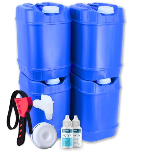 Aguaprep 5-Gallon Stackable Water Storage Containers Set with 4 Lids & Spigot - Emergency & Disaster Preparedness