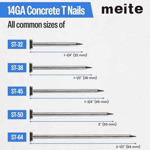 meite 14 Gauge Concrete Nails 400PCS 1-3/4" Length Galvanized T Nails for Concrete Nailer, Rust-Proof Glue-Collated T-Nail for Pneumatic Nail Gun Furring Strips/Subflooring/Outdoors