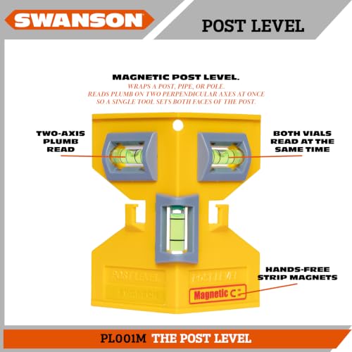 Swanson Yellow 8" Magnetic Post Level with Elastic Strap (PL001M) – Two-Axis Plumb