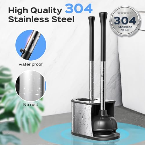 HAMITOR Silver Toilet Plunger and Brush Set 2-in-1 Stainless Steel Bathroom Cleaner