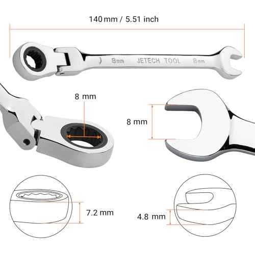 Jetech 8mm Flexible Head Ratchet Wrench, Industrial Grade Cr-V Steel, 12 Point, Off Corner Design, 72 Tooth Ratchet, 180 Degree Flexible Box End
