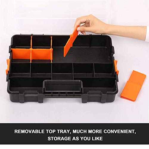 Makitoyo Tool Box Organizers, Interlocking Black Small Parts Organizer for Fasteners, Parts and Crafts w/Removable Dividers, 2 Pieces Pack, Black & Orange,15¡±L¡¿11.6¡±W¡¿2.6¡±H