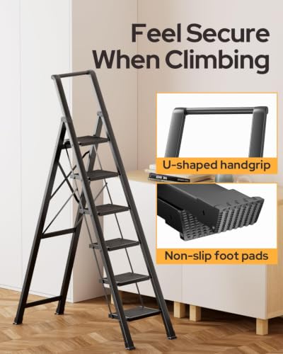 Black Foldable 6 Step Ladder Stool - Lightweight Aluminum, Anti-Slip, 300 lbs Capacity