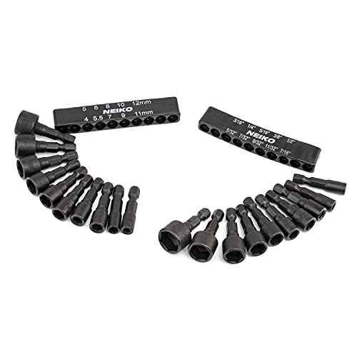 NEIKO 10068A Nut Driver Set, For Impact Drill and Driver, 20 Piece, 1/4¡± Hex Small Nut Driver Bit Set, Metric and Standard, 4-12 mm & 5/32¡±-1/2¡±, CR-V Steel, Nutsetter Driver Bits