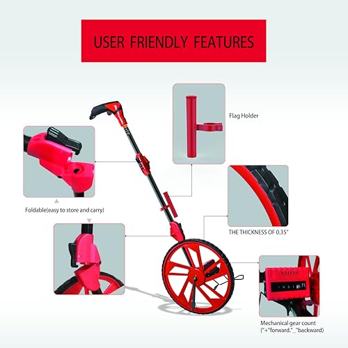 XIJIXI Distance Measuring Wheel 12.5” Dia. Collapsible with One-Key Zero, Red with 10 Flags, Large Plastic