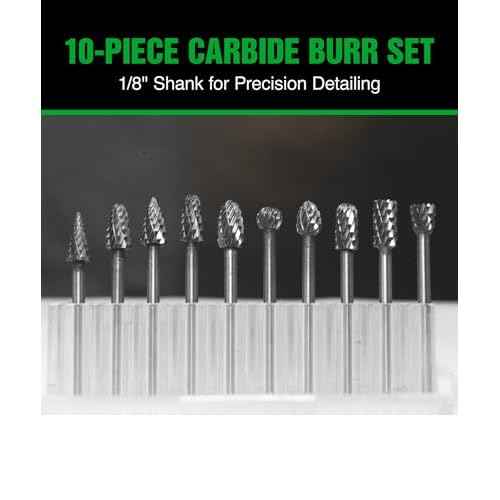 1/8" Carbide Burr Set ? 10 Pcs Double Cut Die Grinder Bits for Milling, Carving, Engraving, Drilling Wood & Metals ? YG-8x Carbide Drill Bit Set for Rotary Tools & Die Grinders