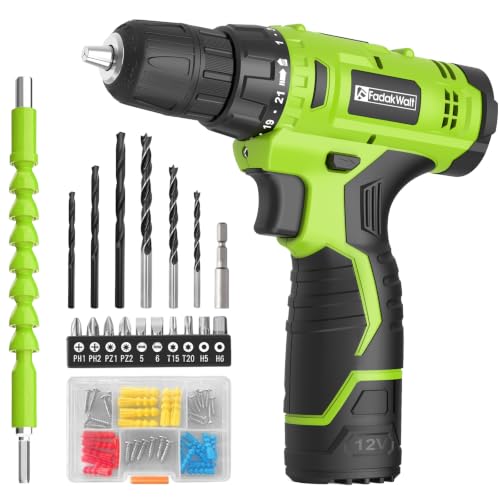 FADAKWALT Green 12V Cordless Drill Set with Battery & Charger, 21+1 Torque, LED Light
