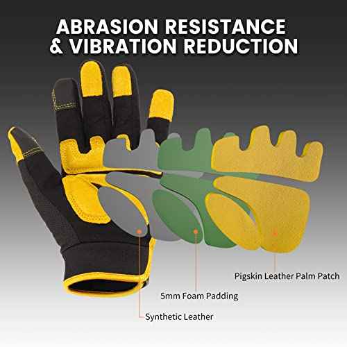 JUMPHIGH Mens Work Gloves, Synthetic Leather Mechanic Gloves, Utility, Touchscreen, Multipurpose, Construction, Warehouse, Truck Driving (L)