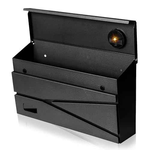 Wall Mount Mailbox, Large Capacity Mailbox for House, Visibility Galvanized Steel Rust-Proof Metal Post Box Drop, Mailboxes for Outside, 15.74"¡¿9.84"¡¿4.33" Solar Lanterns Black