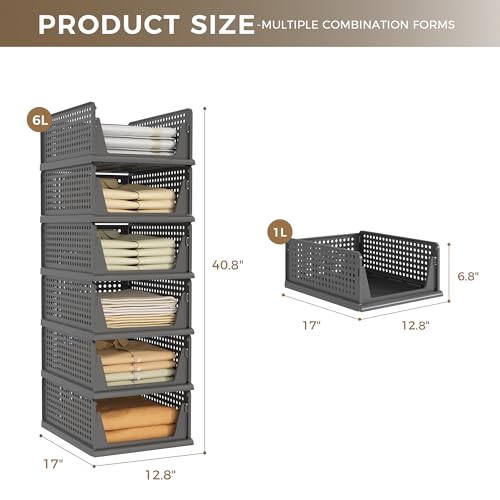 Pinkpum Stackable Plastic Closet Storage Bins - Set of 6 Organizers for Wardrobe, Shoes, Toys