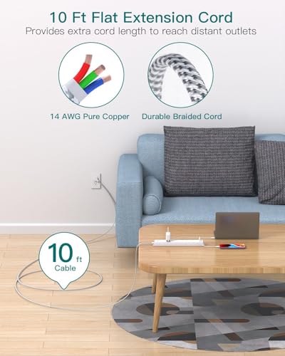 Addtam White & Grey 10 ft Heavy Duty Power Strip with 6 AC Outlets & 4 USB Ports