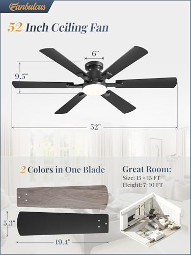 Fanbulous 52-Inch Black Flush Mount Ceiling Fan with Dimmable 3000-6000K Lights