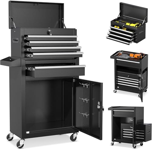 INTERGREAT 5-Drawer Rolling Tool Chest with Lockable Wheels, Detachable Top Box (Black) – High Capacity Garage Workshop Cabinet