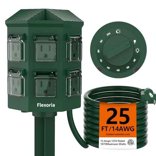 Outdoor Power Strip Timer Waterproof, Dusk to Dawn Light Sensor Countdown, 25 Feet Extension Cord, 6 Grounded Outlets for Halloween and Christmas Decorations, ETL Listed