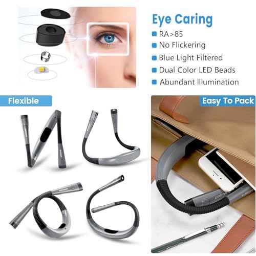 Glocusent Book Light, 3-Color & 6-Brightness Reading Light, Bendable Neck Light, 80-hr Lasting Rechargeable Lamp, Perfect Book Light for Reading in Bed, Knitting, Camping, Repairing, Book Lovers Gifts