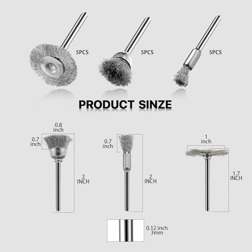 15 Pieces Stainless Steel Wire Brushes, Wire Brush Wheel, Steel Wire Polishing Wheel Kits for Dremel Rotary Tools (1/8 Inch Mandrel)