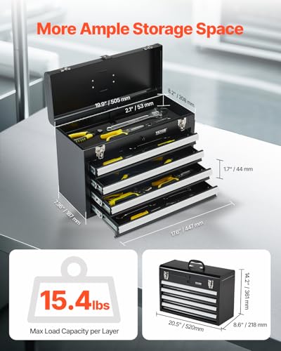 VEVOR 20.5-Inch Metal Tool Box with 4 Drawers, EVA Liners, Ball-Bearing Slides, Auto-Locking, Black