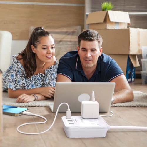 NUOZHI 6 Ft Power Strip with 3 Outlets & 4 USB Ports - White, Travel & Home Use